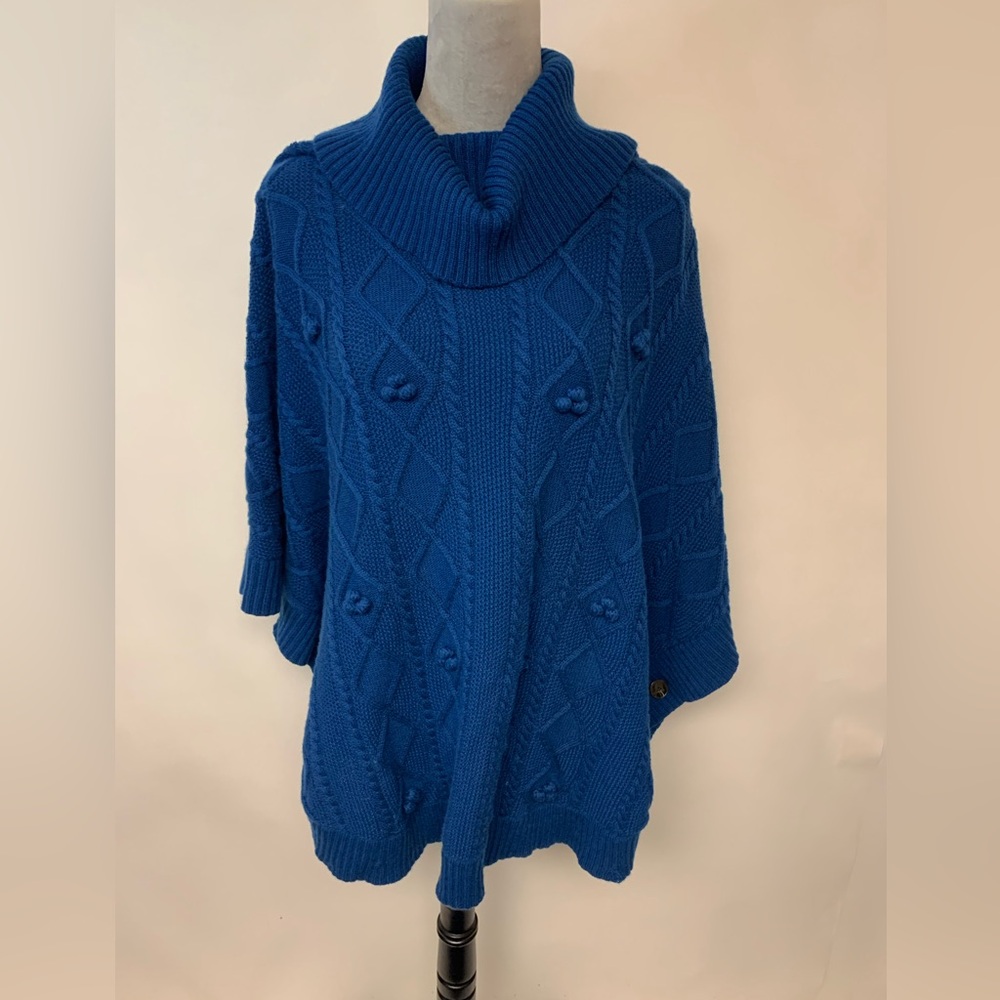 Talbots Turtleneck Poncho Sweater Chunky Cable Knit Blue Classic Womens SZ 2X
